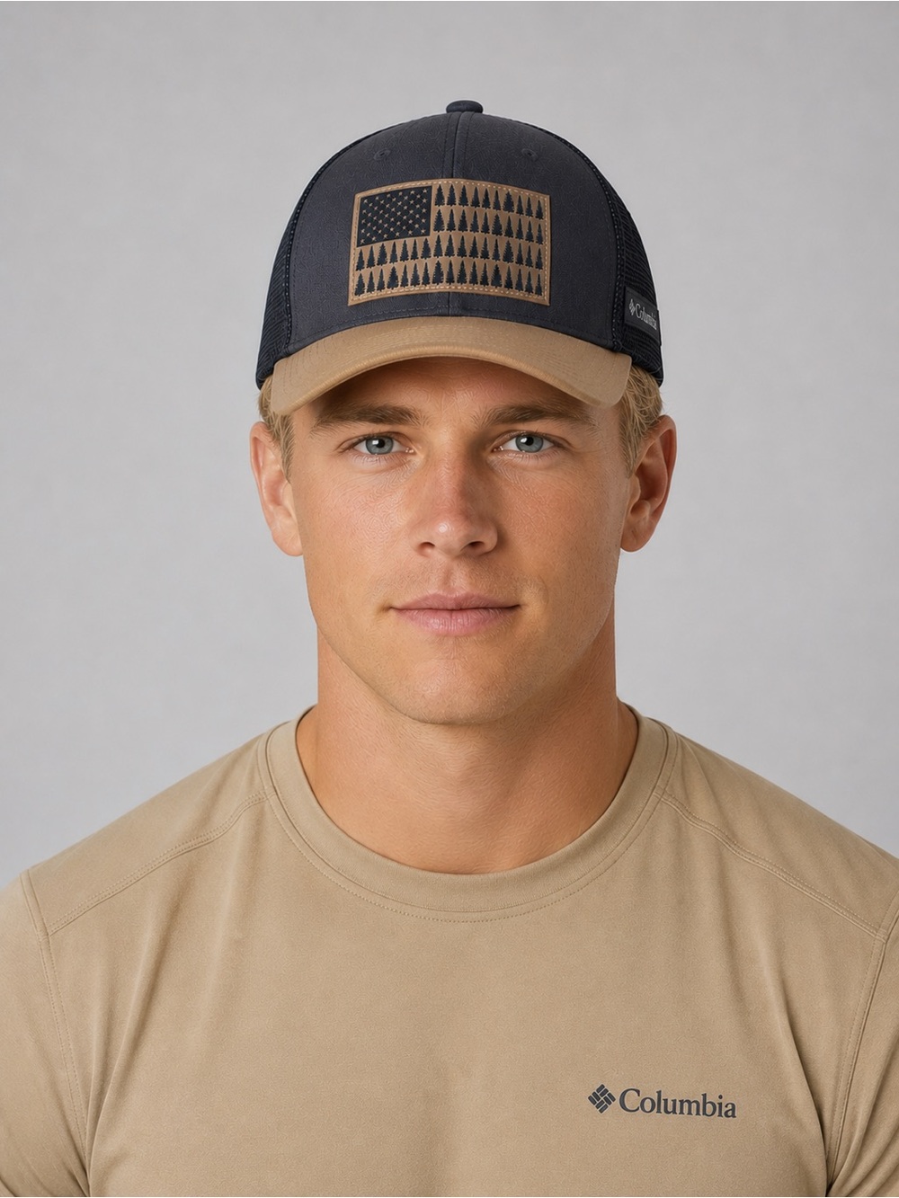 Columbia Men's L/XL Flexfit Low Crown Navy & Tan Tree American Flag Hat NWT